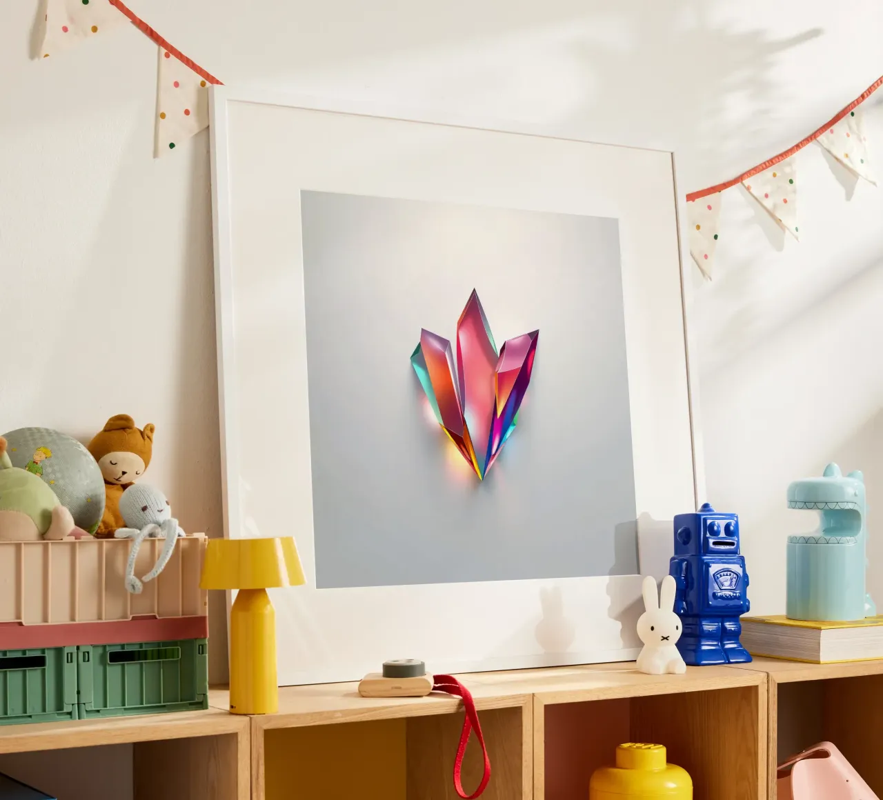 Formazioni di cristallo colorate che brillano su uno sfondo bianco carta hahnemühle da DesignDoodle