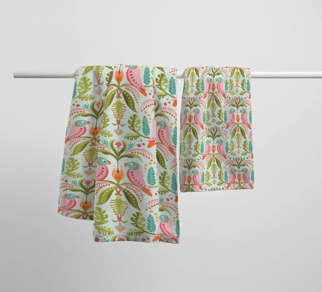 Tropical pattern with parrots and monstera leaves towel by CoelfenArt