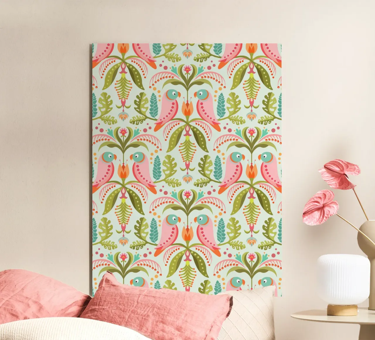 Tropical pattern with parrots and monstera leaves alu-dibond by CoelfenArt