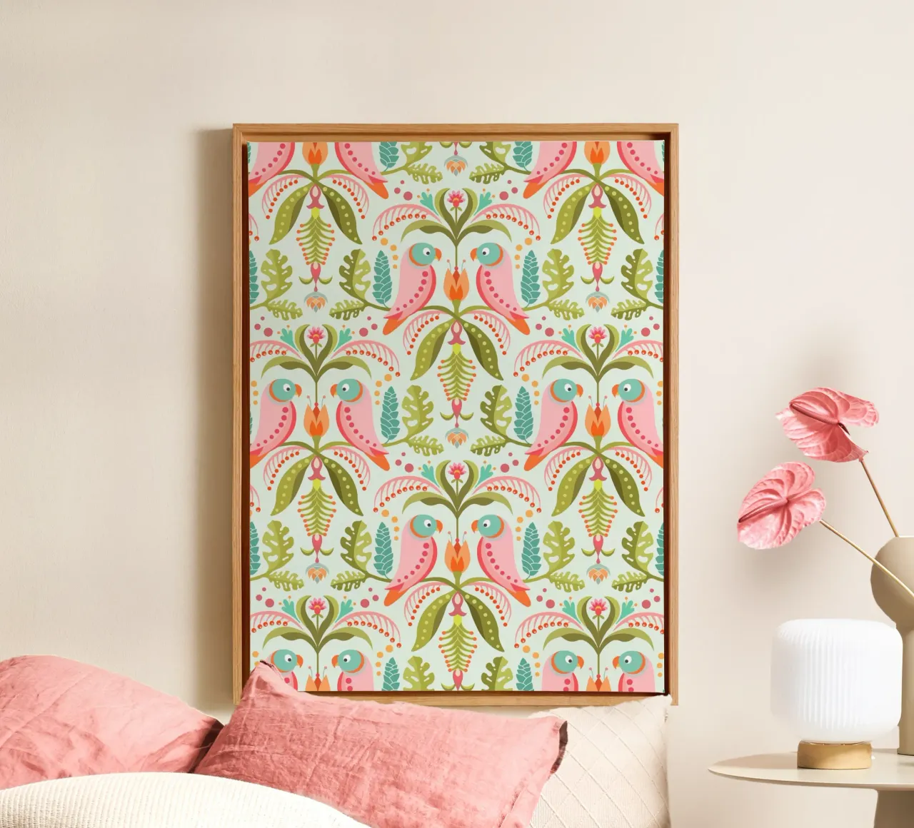 Tropical pattern with parrots and monstera leaves canvas with Floater frame by CoelfenArt