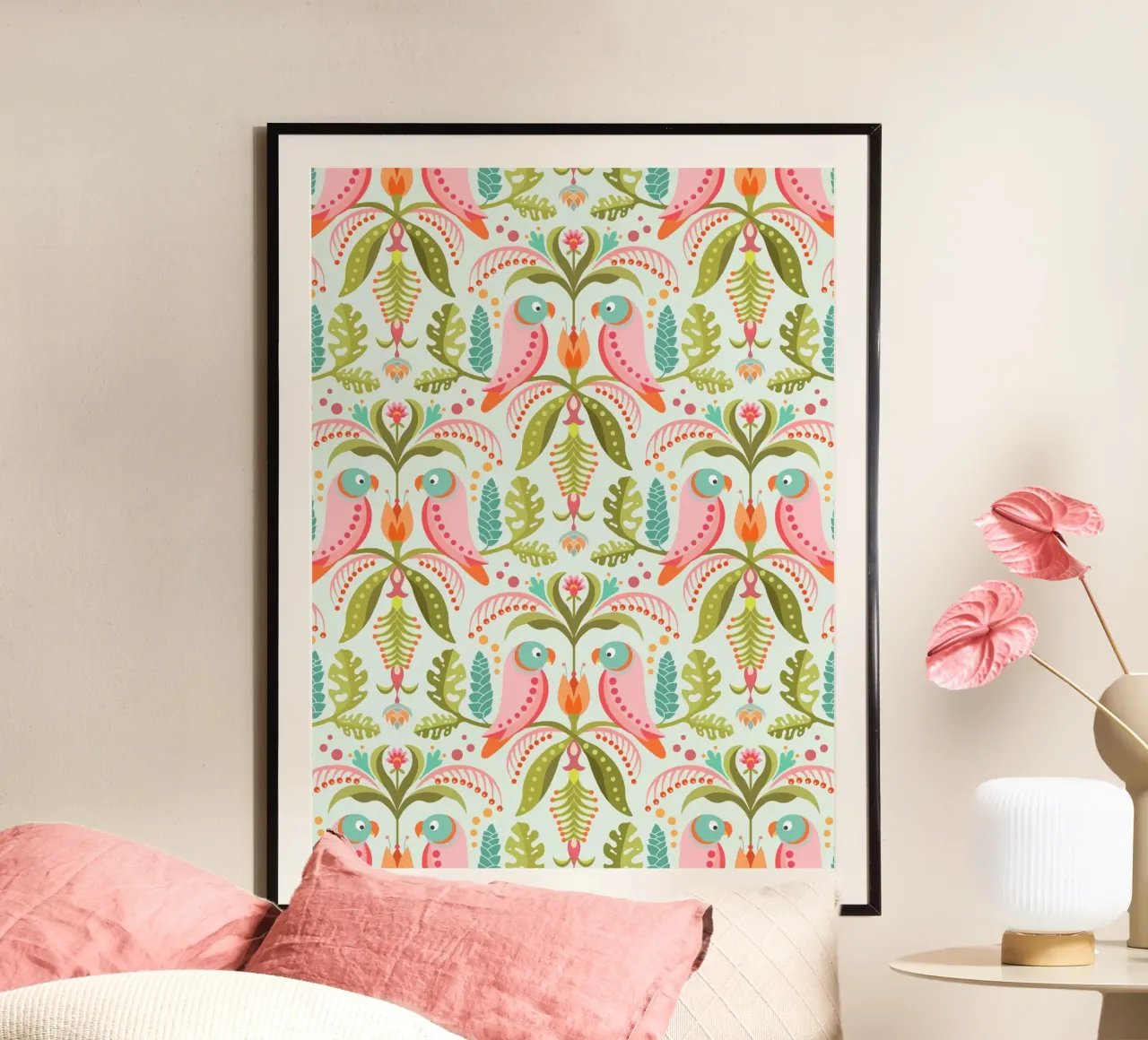 Motivo tropicale con pappagalli e foglie di monstera poster da CoelfenArt