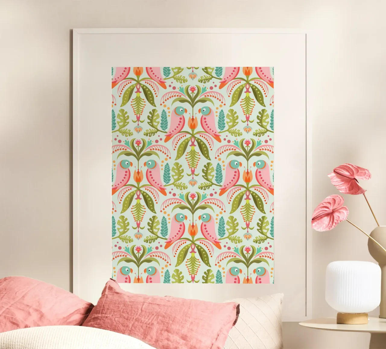 Motivo tropicale con pappagalli e foglie di monstera poster da CoelfenArt