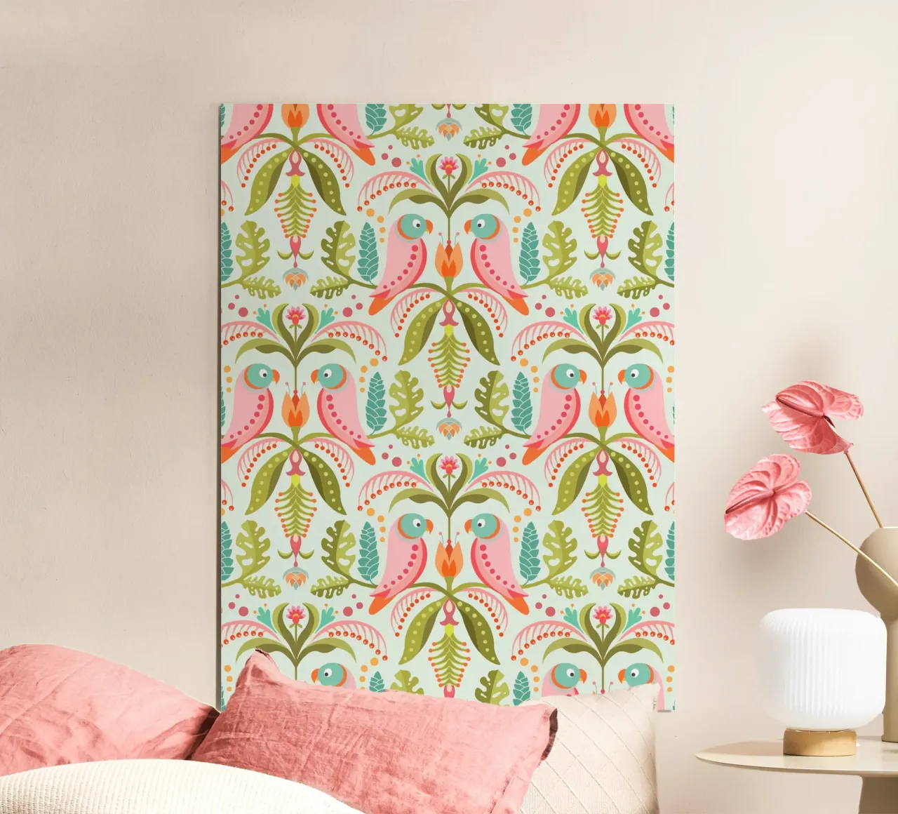 Motivo tropicale con pappagalli e foglie di monstera poster da CoelfenArt