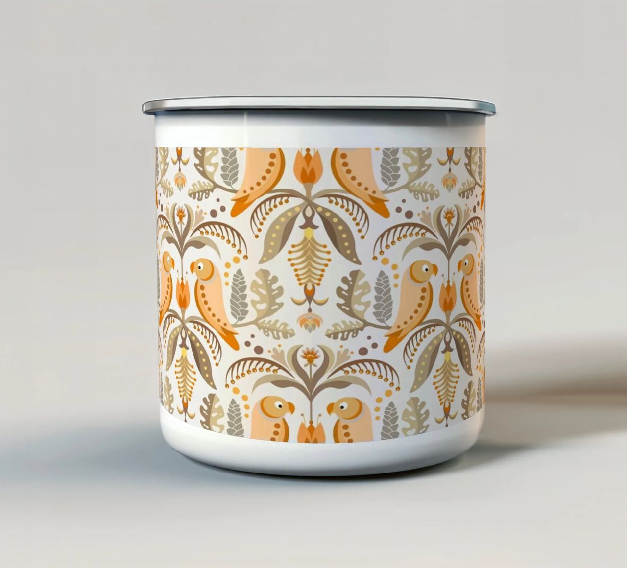 Fantasie tropicali con pappagalli e fiori in colori boho tazza in smalto da CoelfenArt