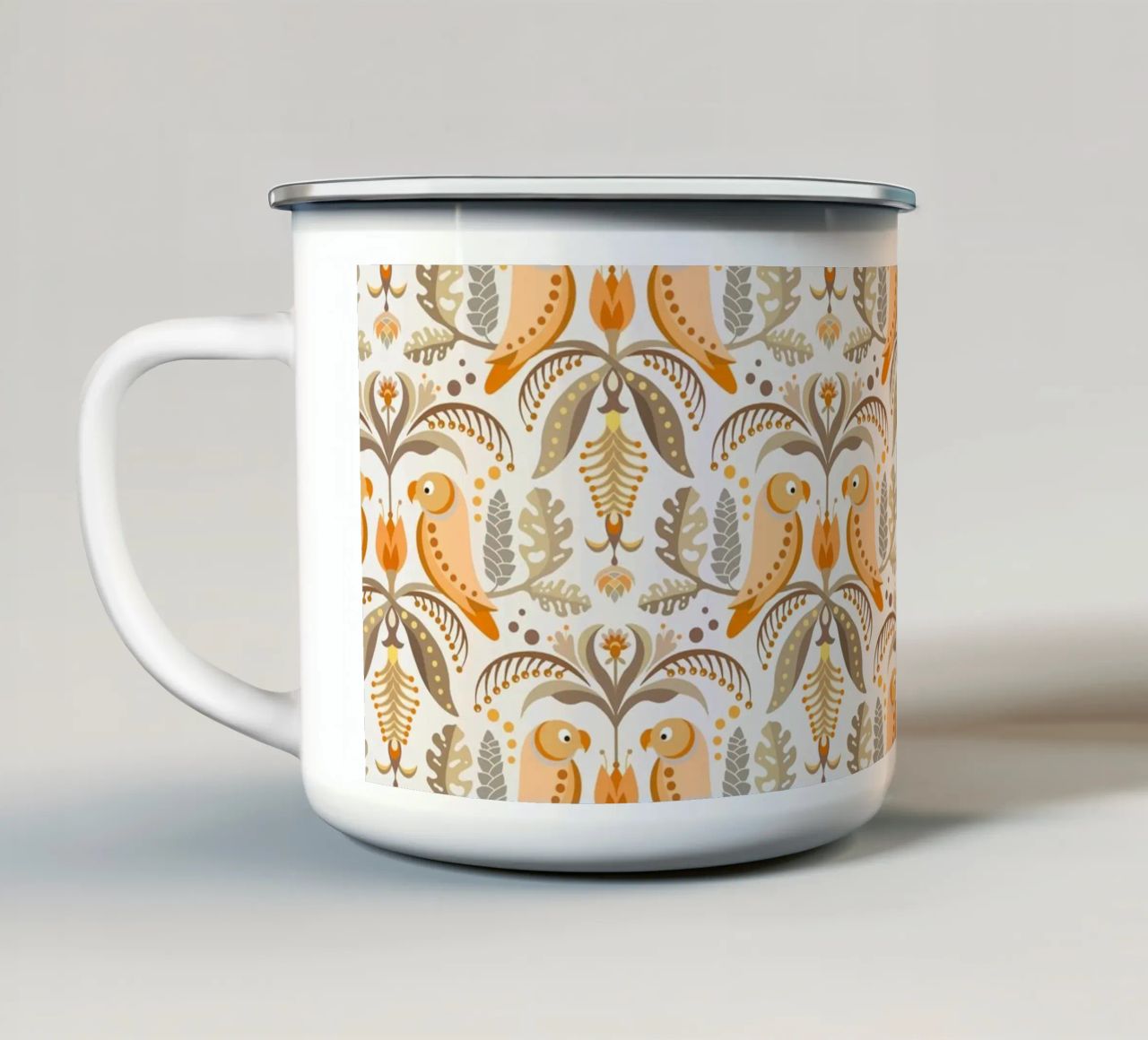 Fantasie tropicali con pappagalli e fiori in colori boho tazza in smalto da CoelfenArt