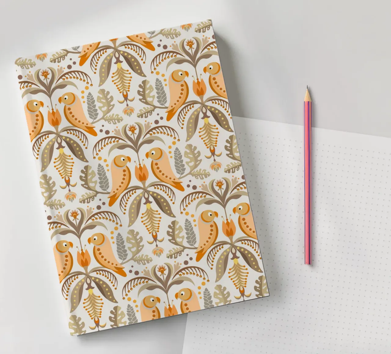 Tropical patterns with parrots and flowers in boho colours notebook by CoelfenArt