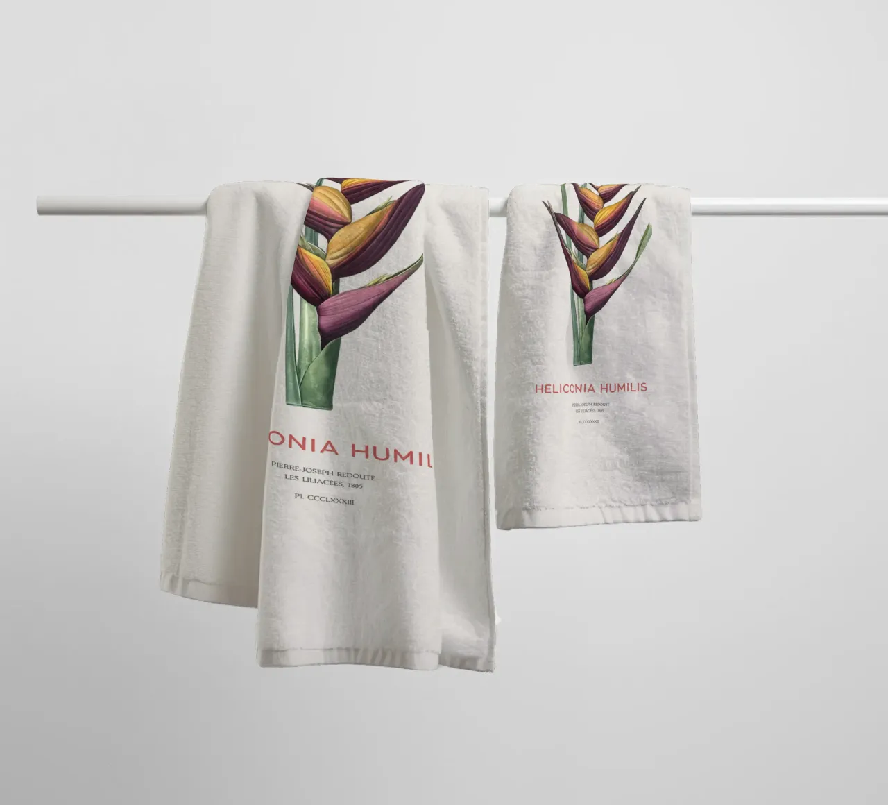Parakeet flower or Heliconia humilis towel by Vintagrafica