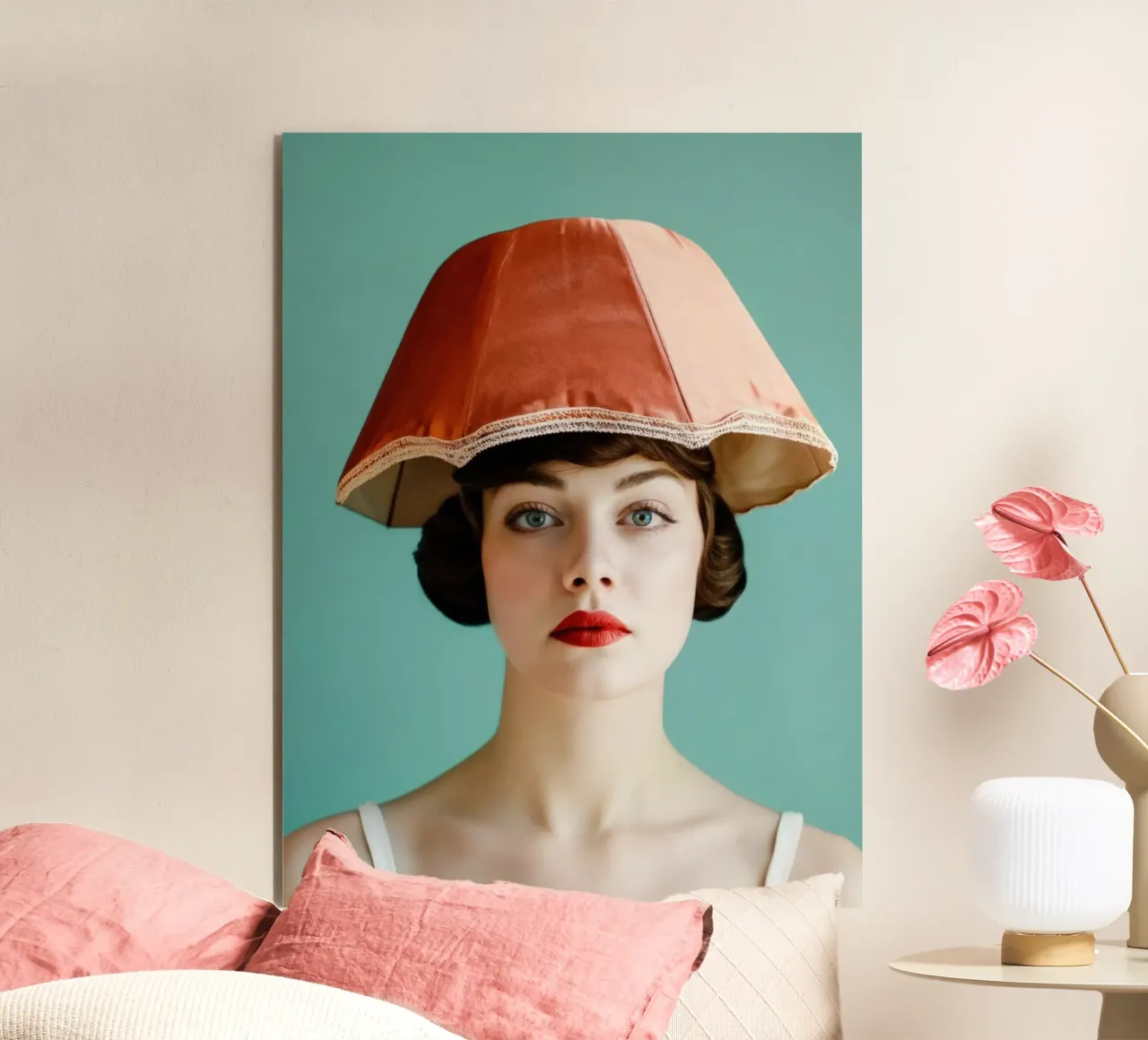Portrait of a Woman Wearing a Vintage Lampshade Hat alu-dibond by Lisa Artifexia