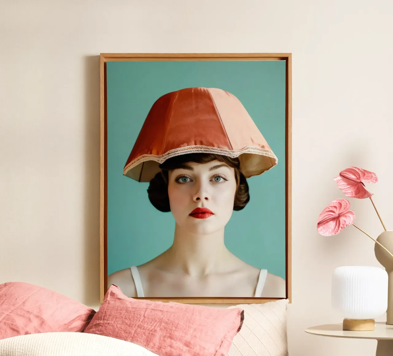 Portret van een vrouw met een oude lampenkapmuts canvas met Baklijst van Lisa Artifexia