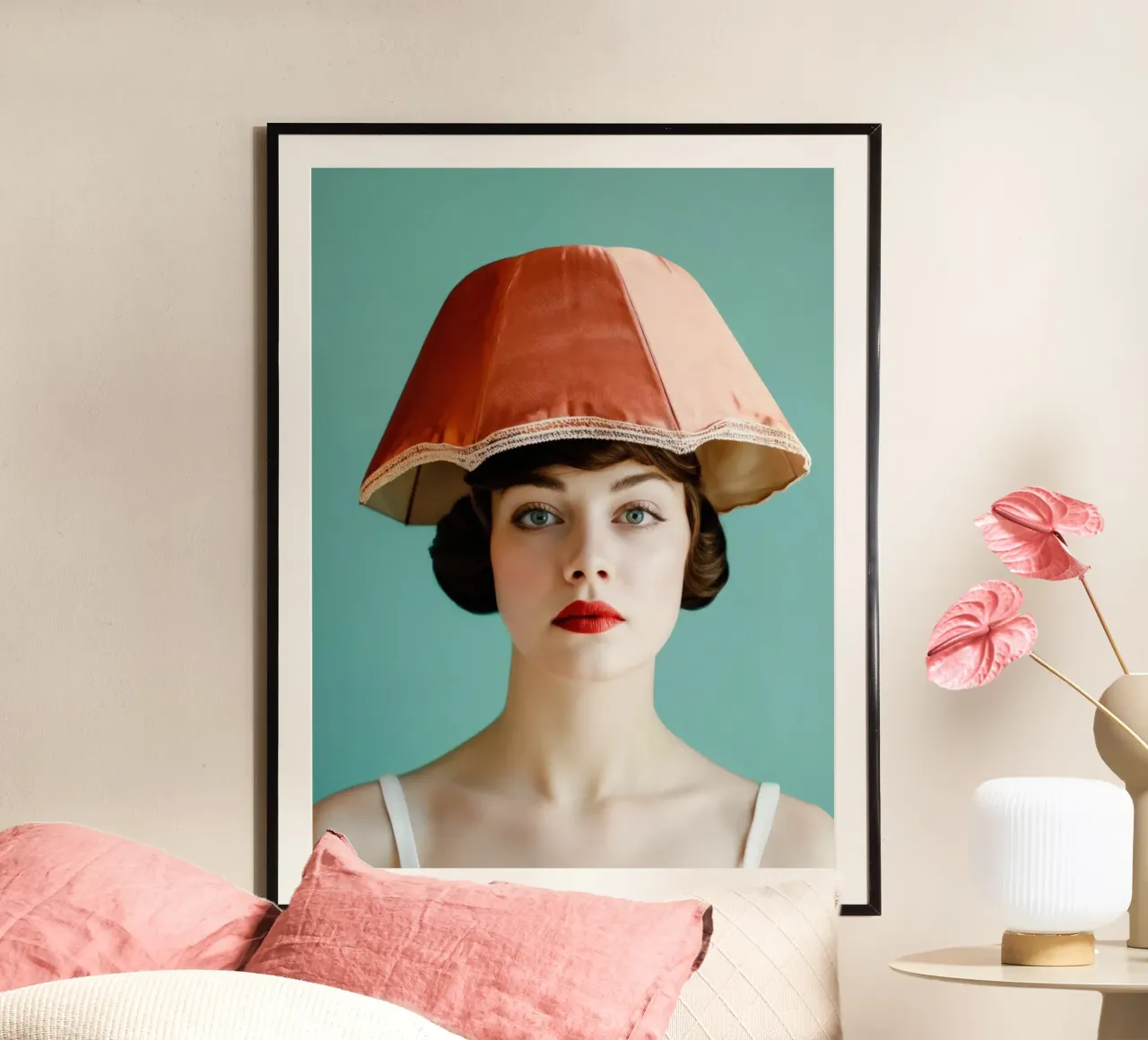 Ritratto di donna con cappello a paralume d'epoca poster con telaio in legno da Lisa Artifexia