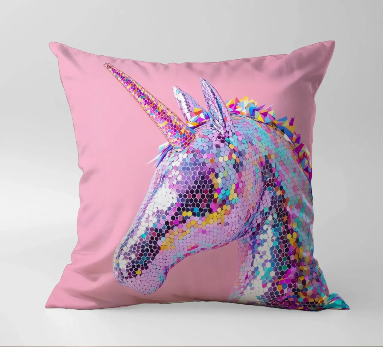 Holografisches Einhorn auf rosa Hintergrund Kissen von Lisa Artifexia