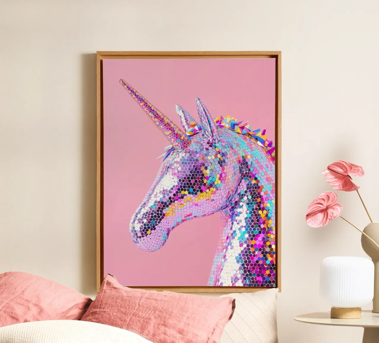 Holografisches Einhorn auf rosa Hintergrund Leinwand von Lisa Artifexia