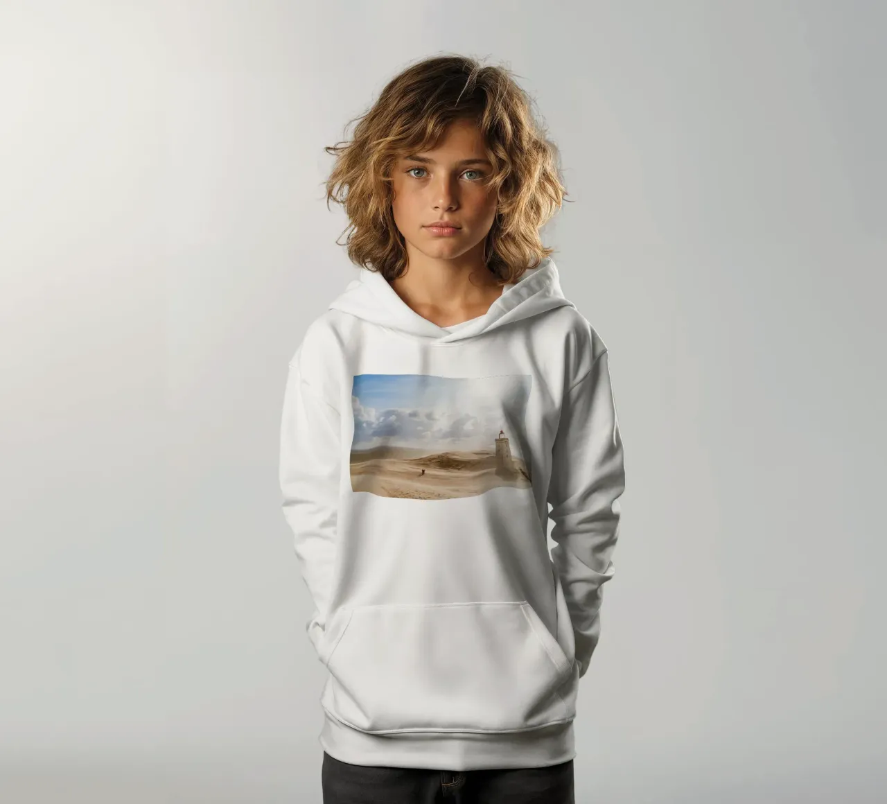 Rubjerg Knude Lighthouse in Sandstorm kids hoodie by foodphotolove