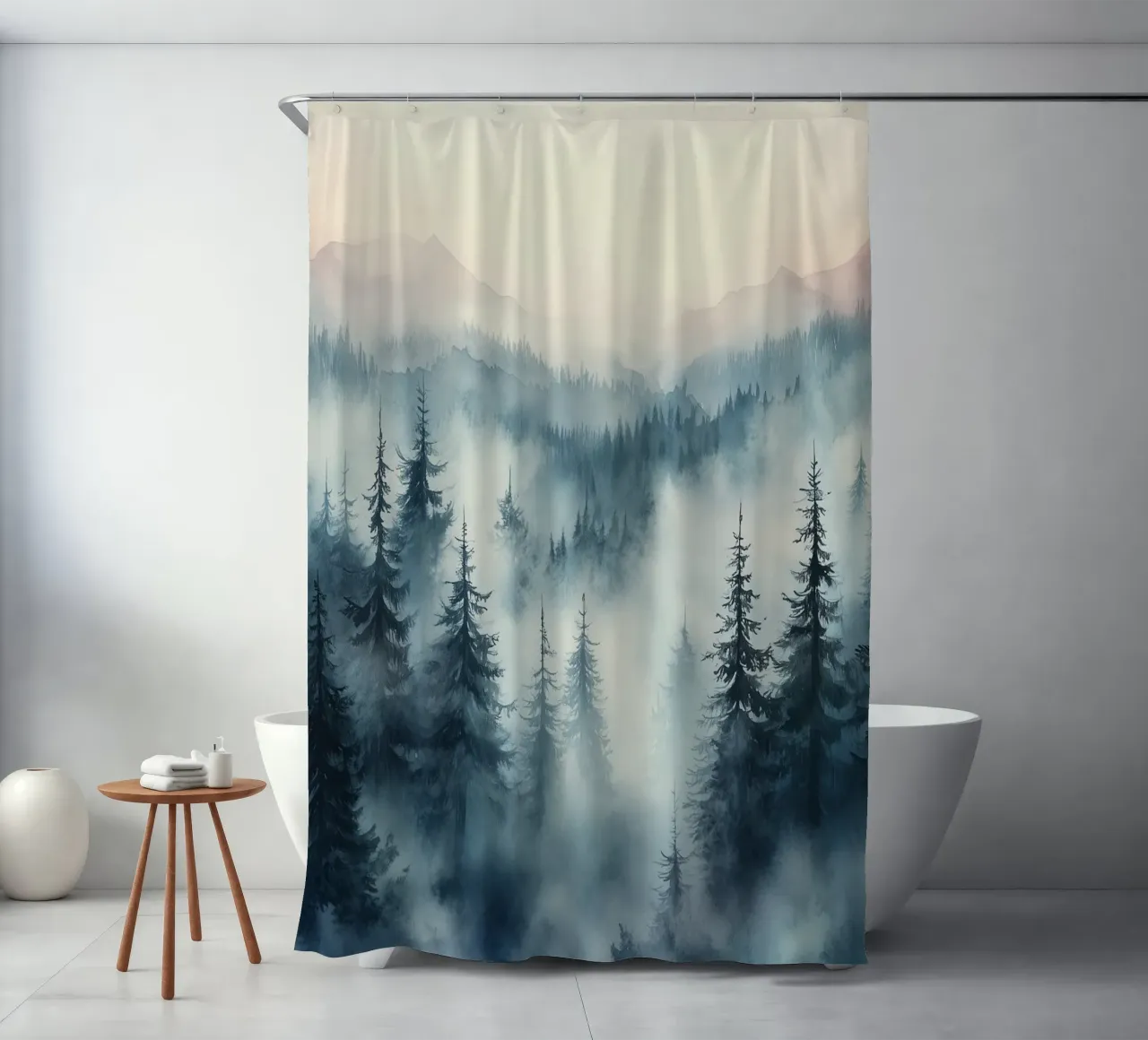 Berglandschaft im Mystik Nebel Duschvorhang von Carinaprint