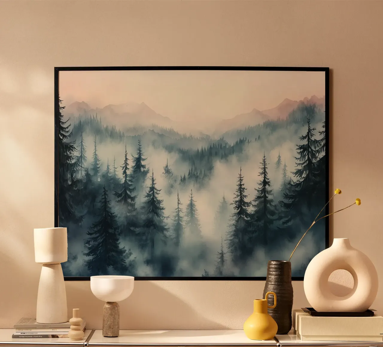 Paesaggio montano nella nebbia mistica poster con telaio in plastica da Carinaprint