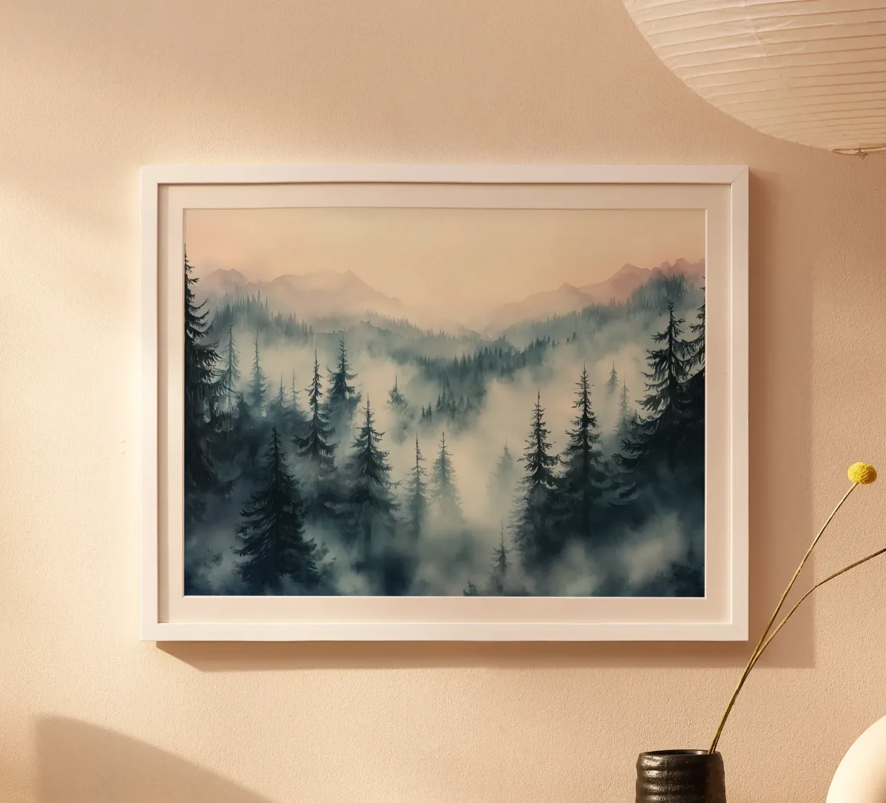 Paesaggio montano nella nebbia mistica poster con telaio in plastica da Carinaprint