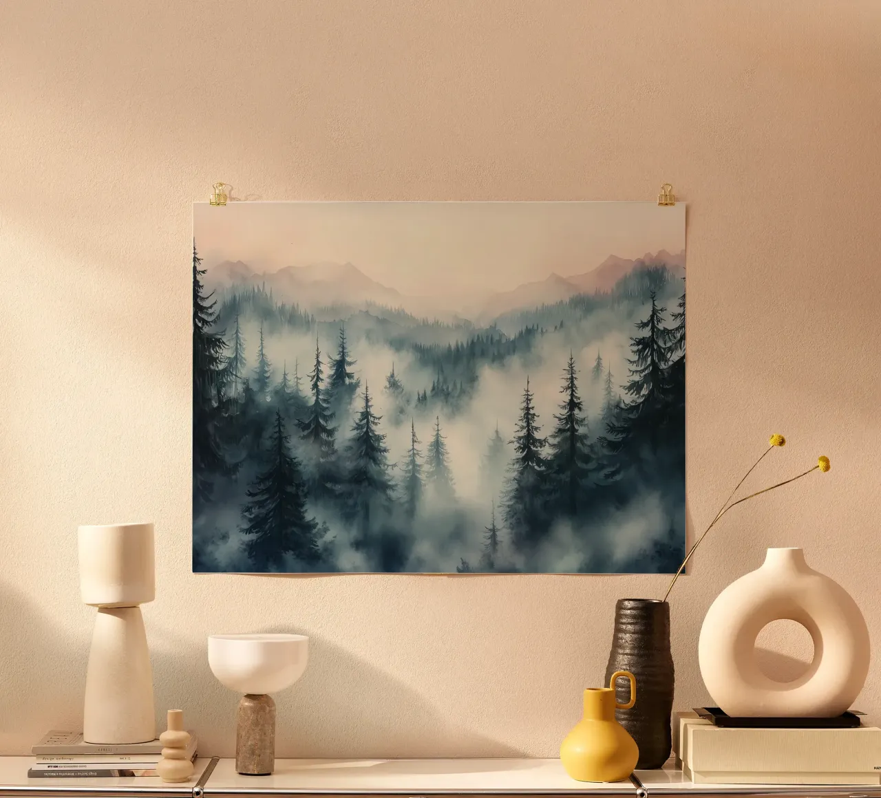 Paesaggio montano nella nebbia mistica poster con telaio in plastica da Carinaprint