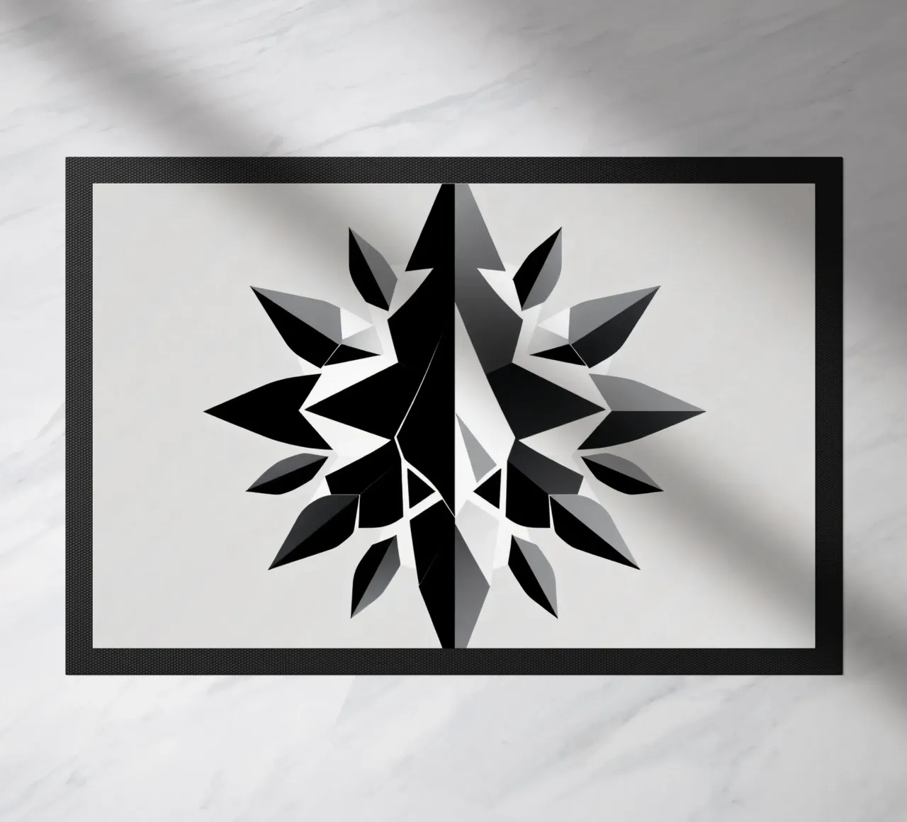 Abstract geometric design of a black and white star shape doormat by DesignDoodle