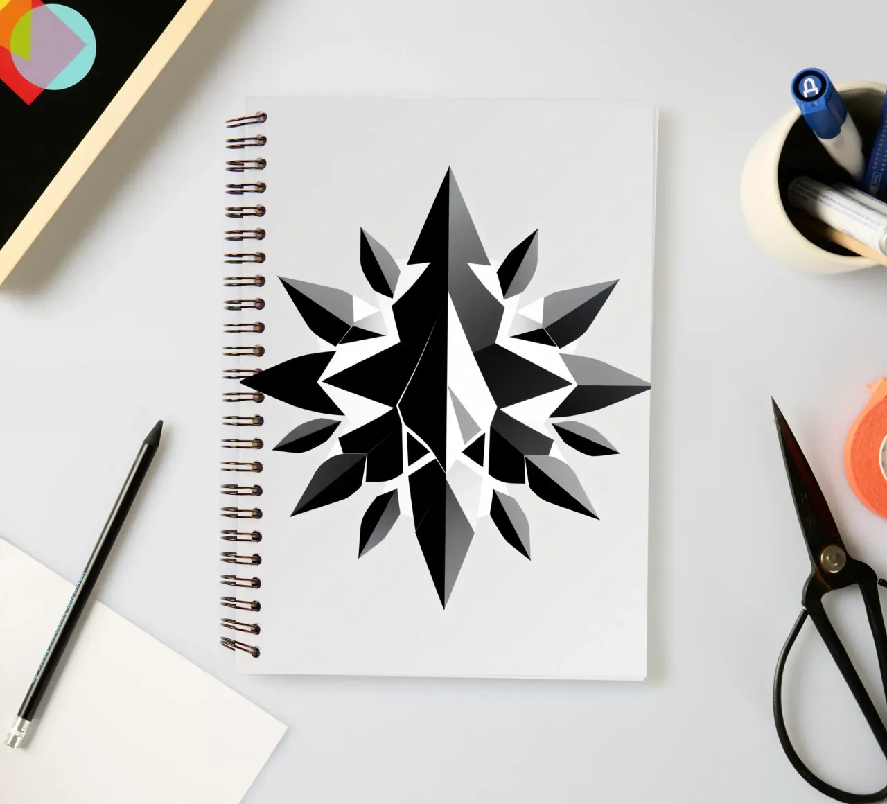 Abstract geometric design of a black and white star shape spiral notebook by DesignDoodle
