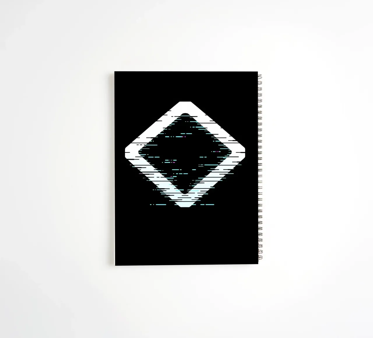 Abstract digital art displaying a glitched diamond shape spiral notebook by DesignDoodle