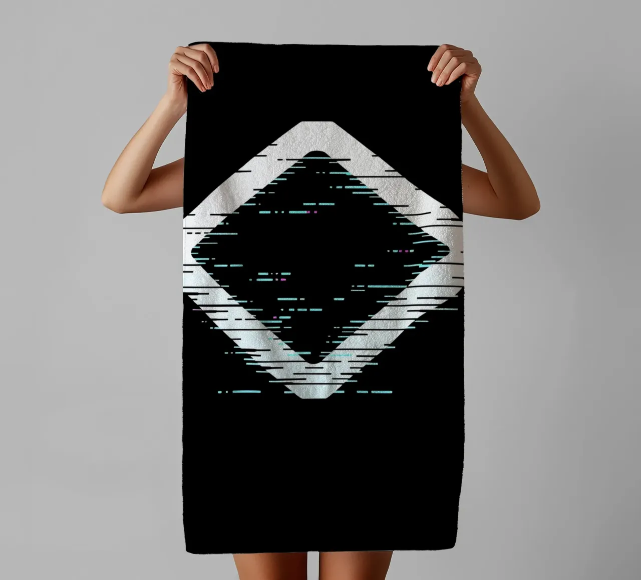 Abstract digital art displaying a glitched diamond shape towel by DesignDoodle