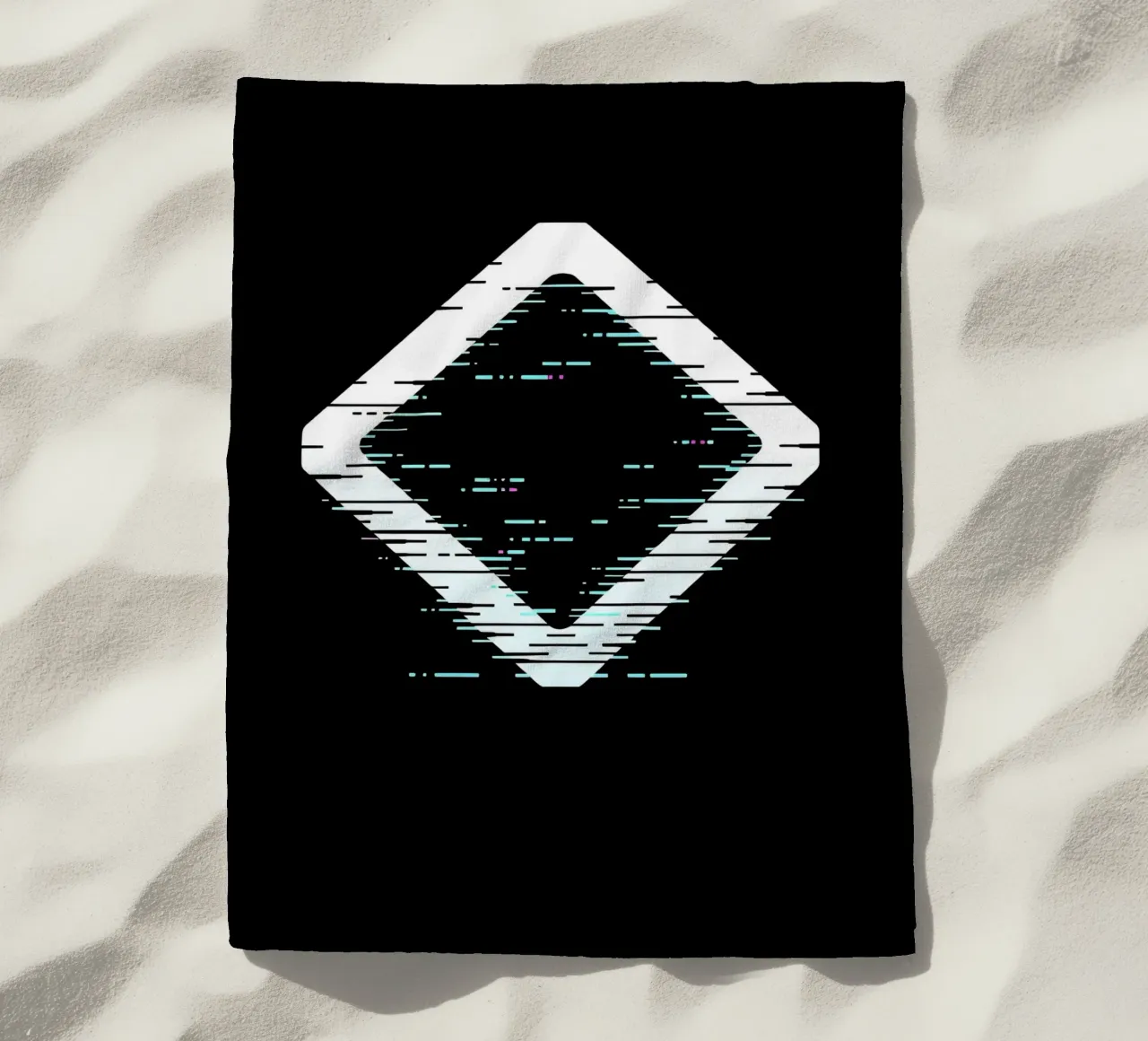 Abstract digital art displaying a glitched diamond shape beach towel by DesignDoodle
