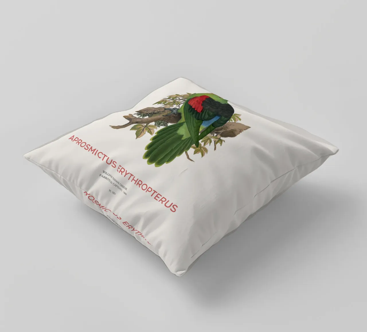 Red-winged parrot or Aprosmictus erythropterus decorative cushion by Vintagrafica