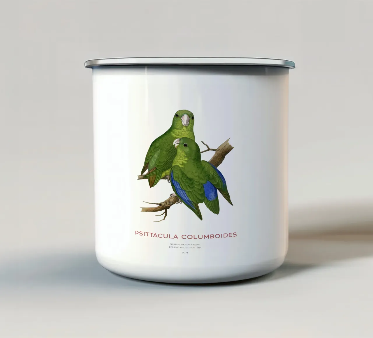 Malabarsittich oder Psittacula columboides Emaille Tasse von Vintagrafica