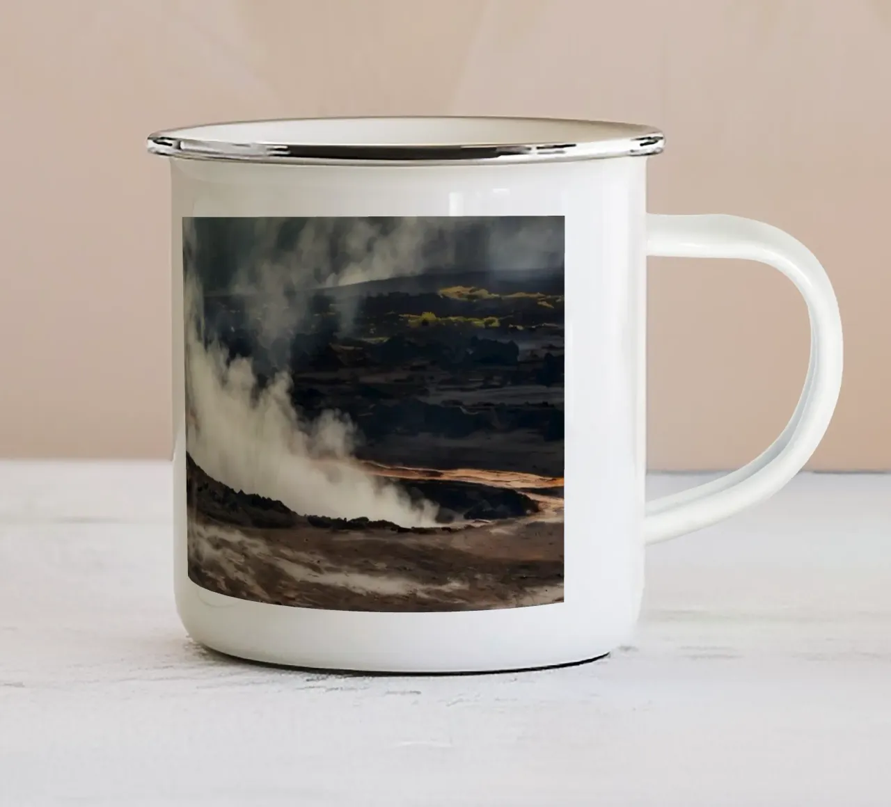Active geothermal area with steam vents and colorful mineral enamel mug by DesignDoodle