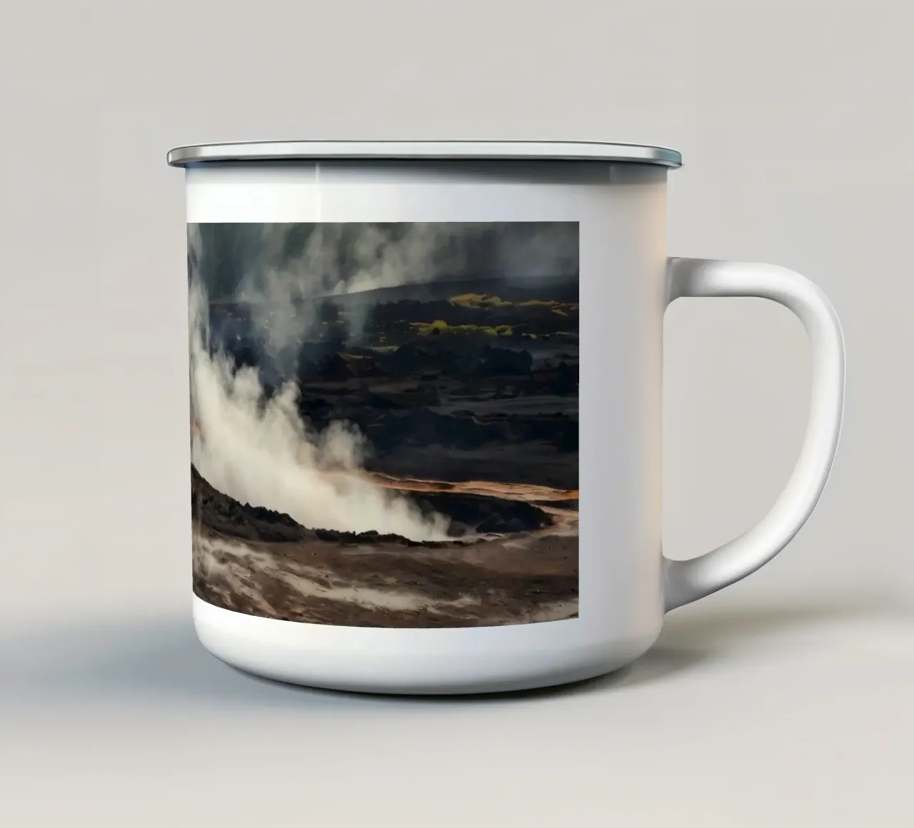 Active geothermal area with steam vents and colorful mineral enamel mug by DesignDoodle