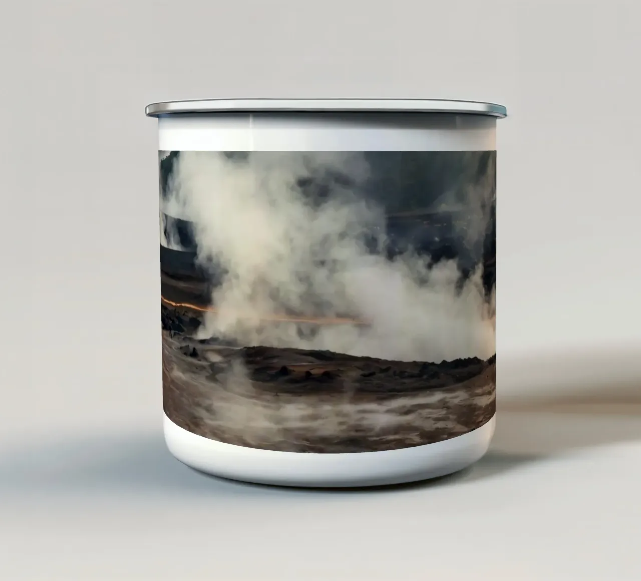 Active geothermal area with steam vents and colorful mineral enamel mug by DesignDoodle