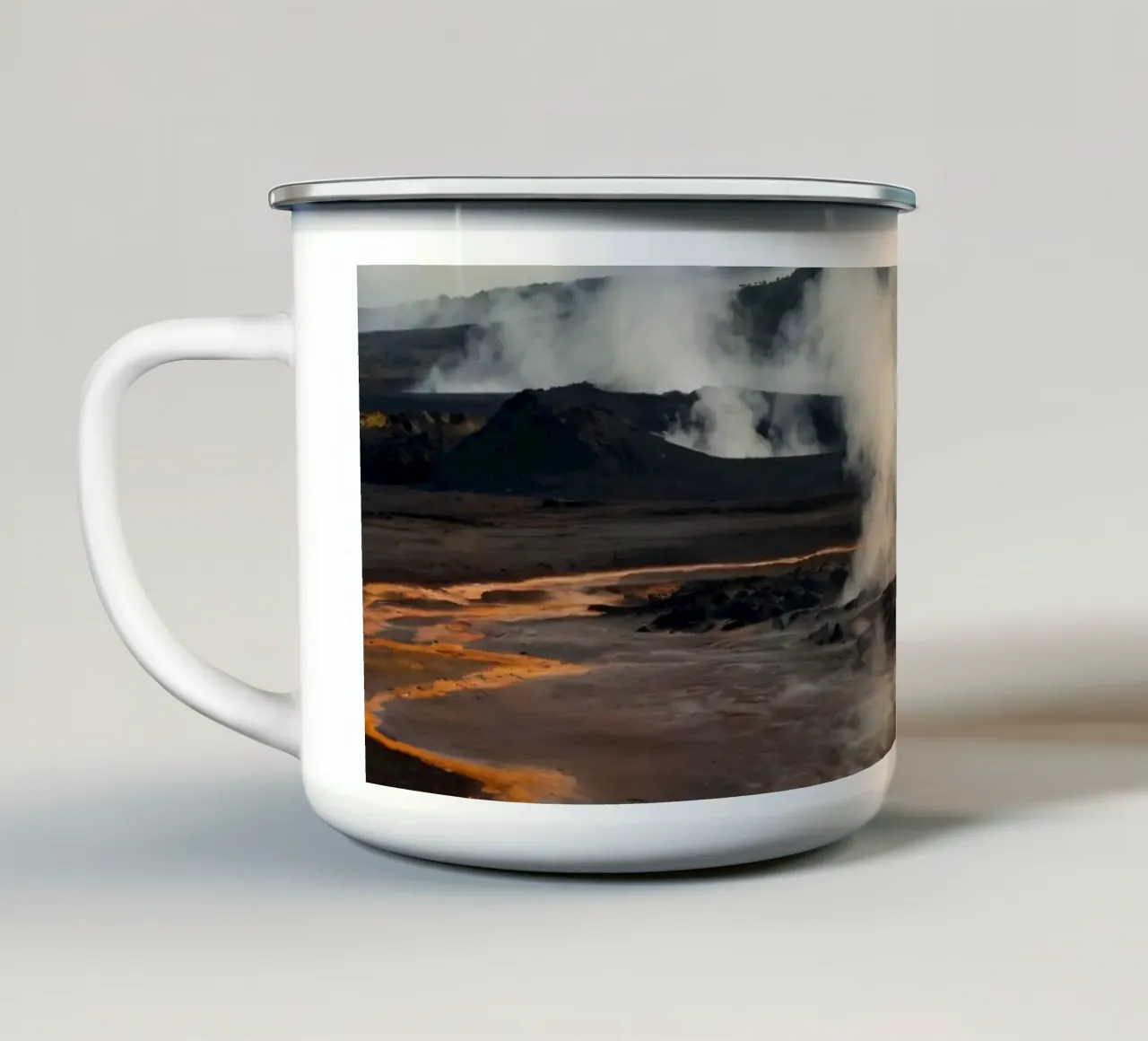 Active geothermal area with steam vents and colorful mineral enamel mug by DesignDoodle