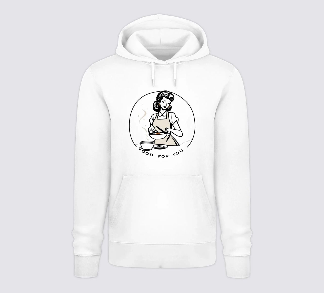 Una donna con un grembiule prepara un pasto sorridendo felpa con cappuccio da DesignDoodle