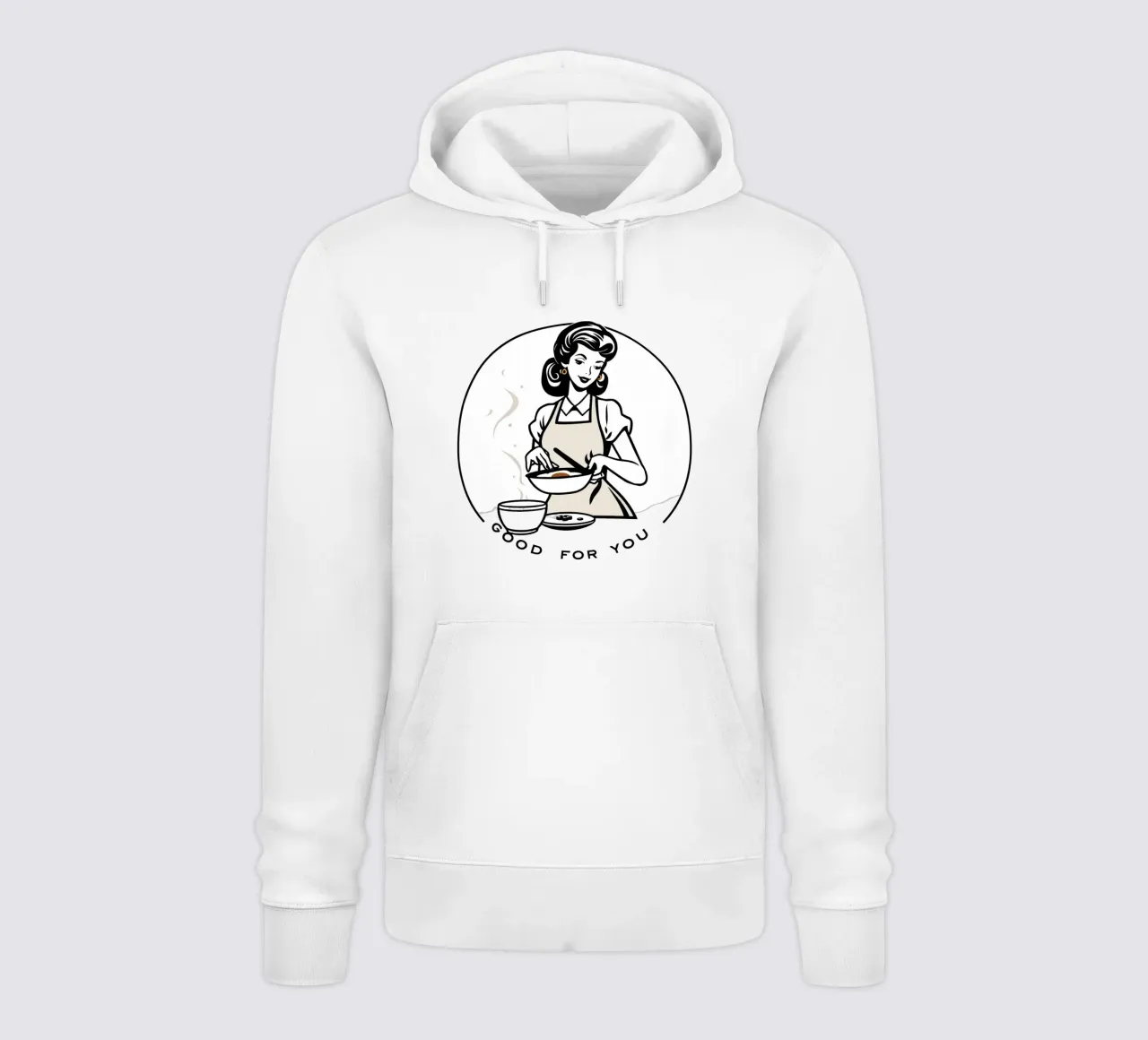 Una donna con un grembiule prepara un pasto sorridendo felpa con cappuccio da DesignDoodle