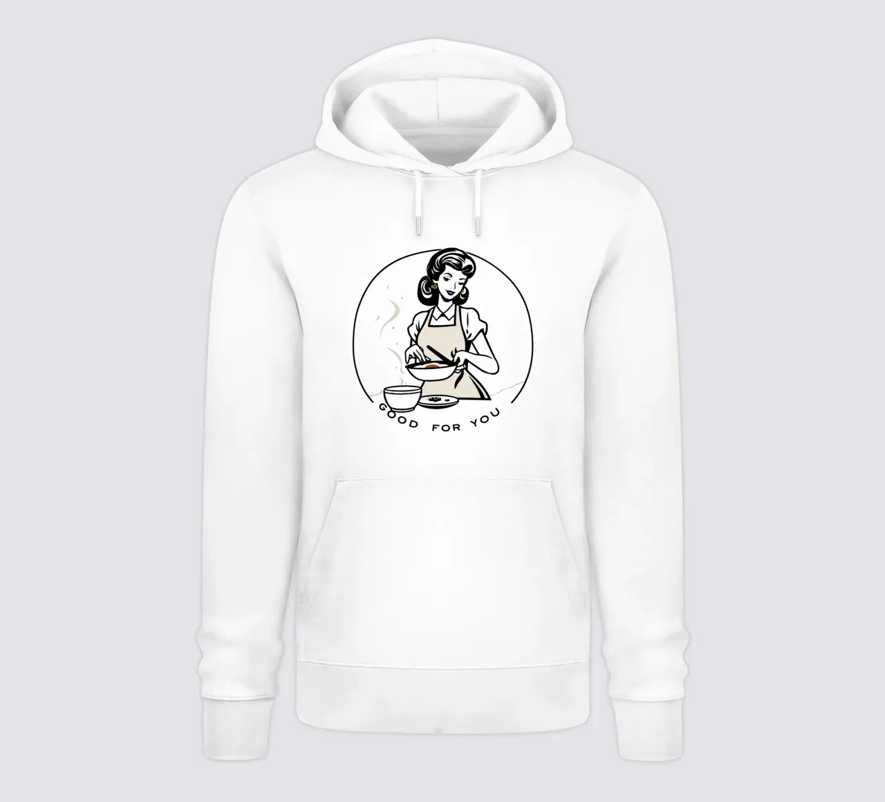 Una donna con un grembiule prepara un pasto sorridendo felpa con cappuccio da DesignDoodle