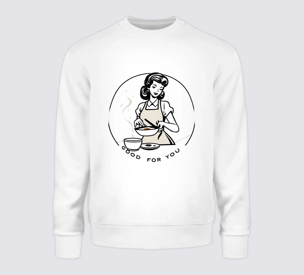 A woman in an apron prepares a meal while smiling sweatshirt by DesignDoodle