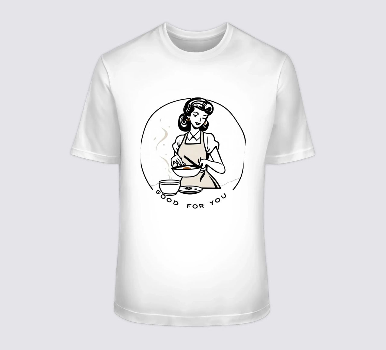 A woman in an apron prepares a meal while smiling t-shirt by DesignDoodle