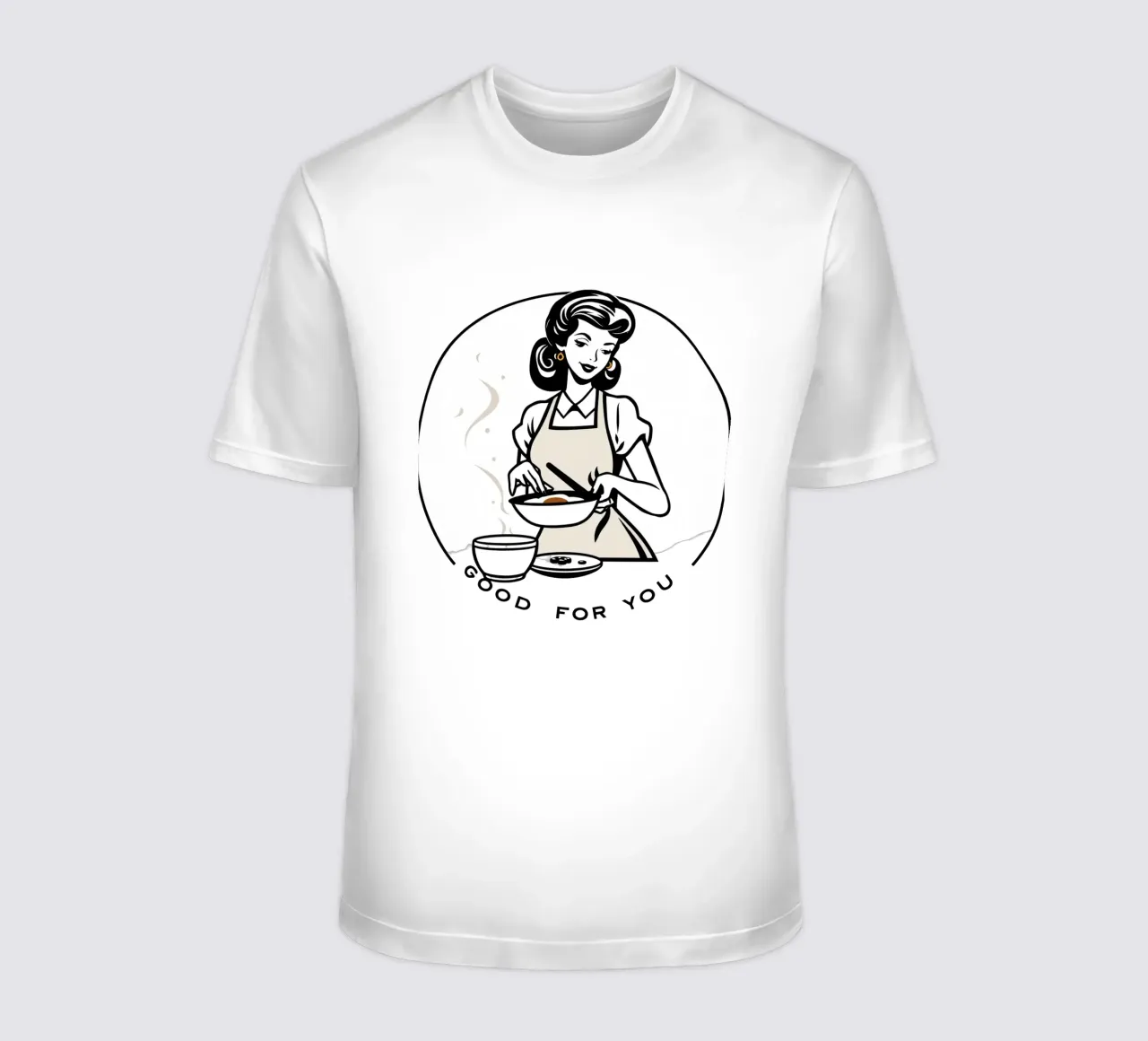 Una donna con un grembiule prepara un pasto sorridendo t-shirt da DesignDoodle