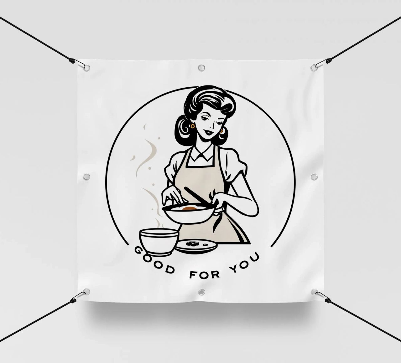 Una donna con un grembiule prepara un pasto sorridendo telo in pvc da DesignDoodle