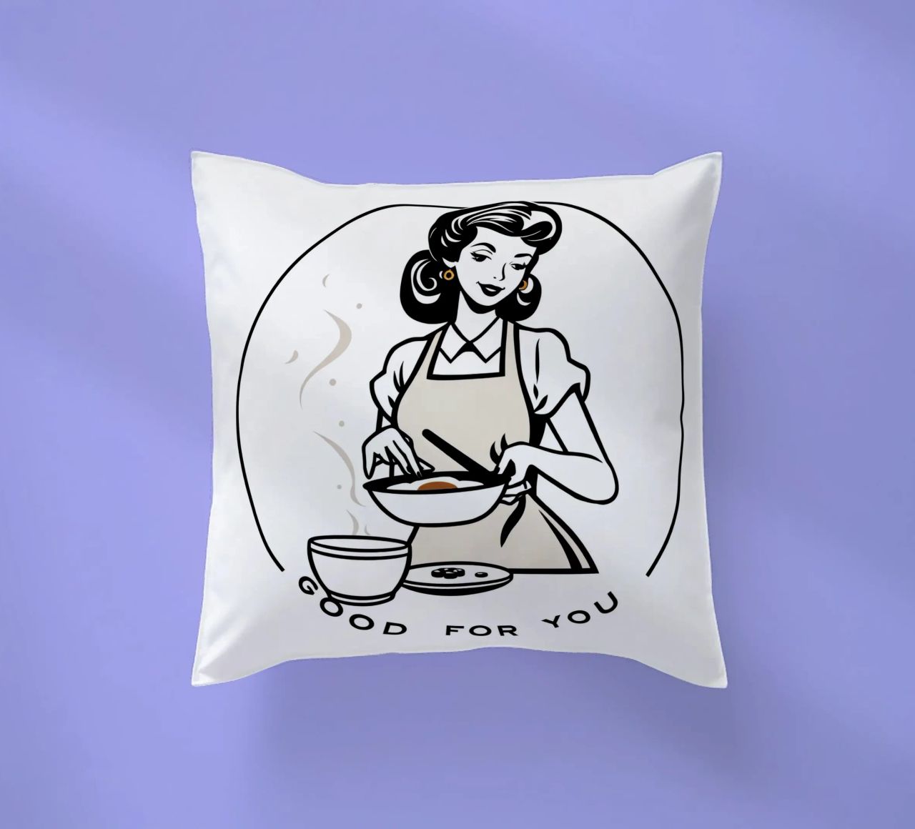 A woman in an apron prepares a meal while smiling decorative cushion by DesignDoodle