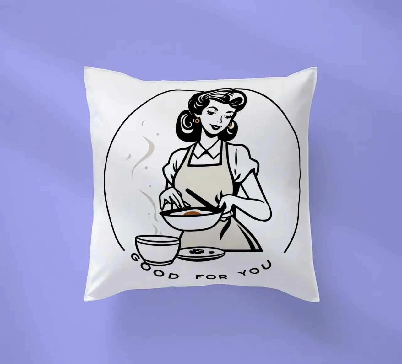 Una donna con un grembiule prepara un pasto sorridendo cuscino da DesignDoodle