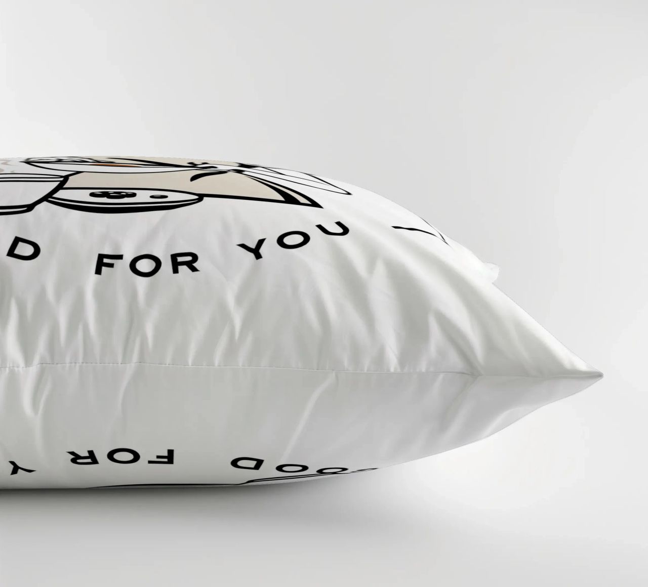 A woman in an apron prepares a meal while smiling decorative cushion by DesignDoodle