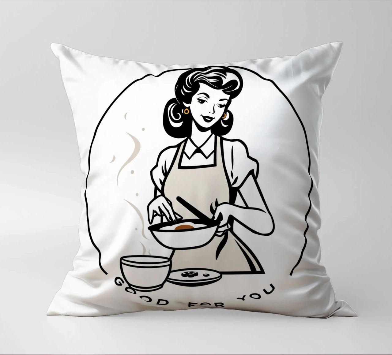 A woman in an apron prepares a meal while smiling decorative cushion by DesignDoodle