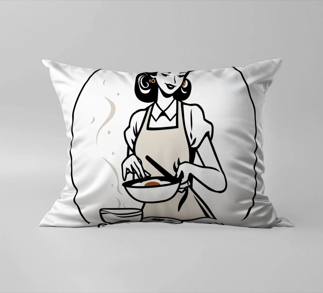 A woman in an apron prepares a meal while smiling decorative cushion by DesignDoodle