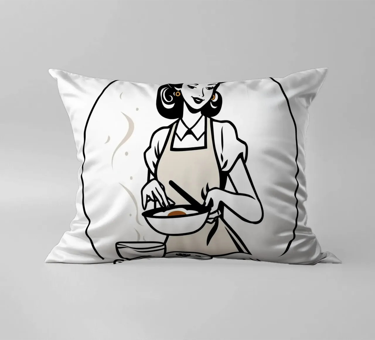 Una mujer con delantal prepara una comida mientras sonríe cojín de DesignDoodle