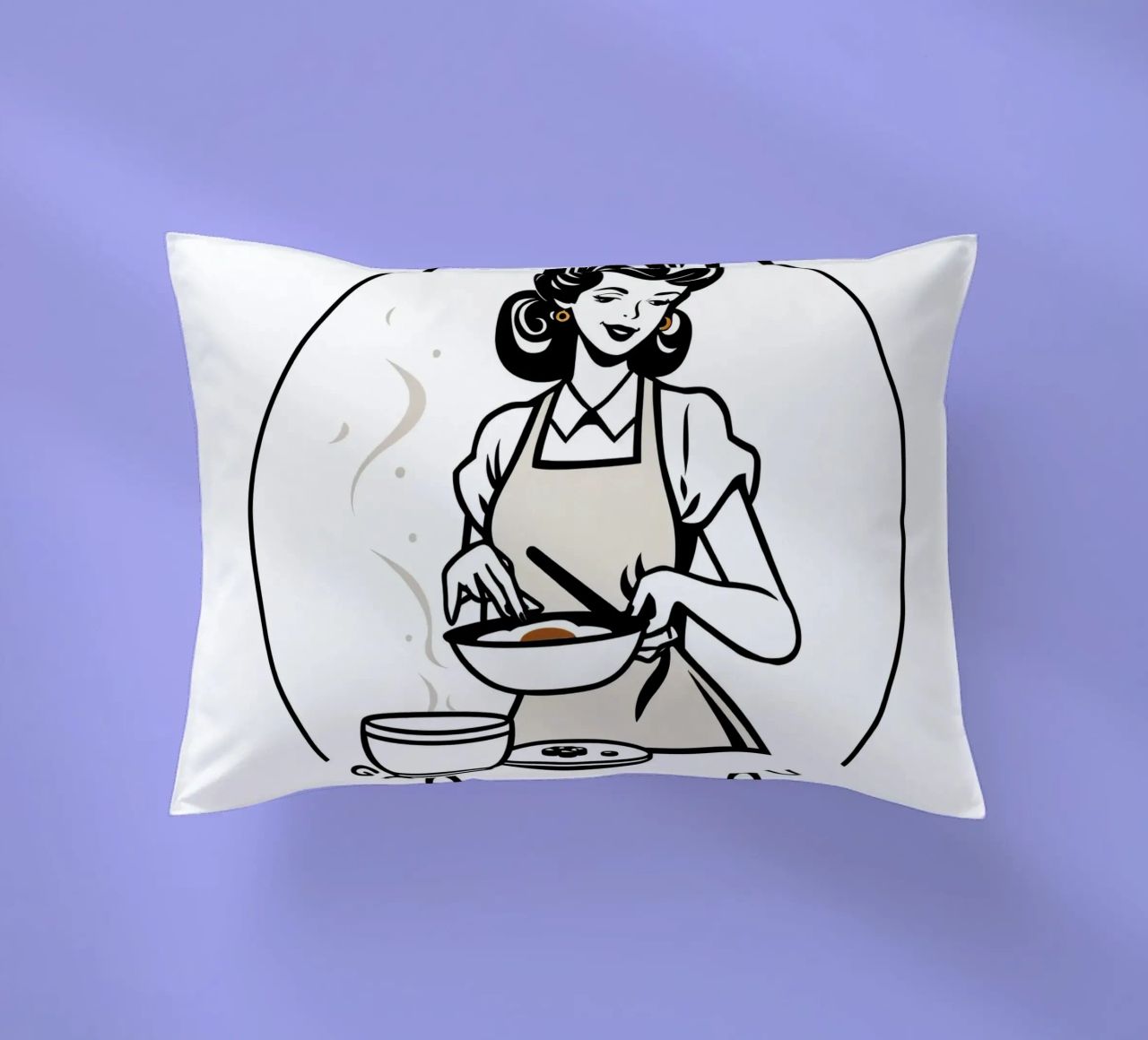 A woman in an apron prepares a meal while smiling decorative cushion by DesignDoodle