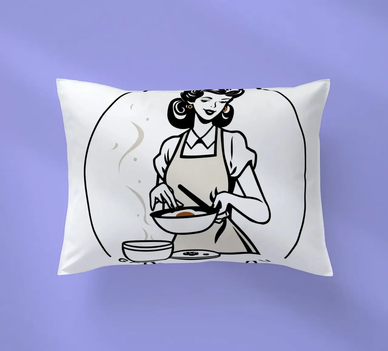 Una donna con un grembiule prepara un pasto sorridendo cuscino da DesignDoodle