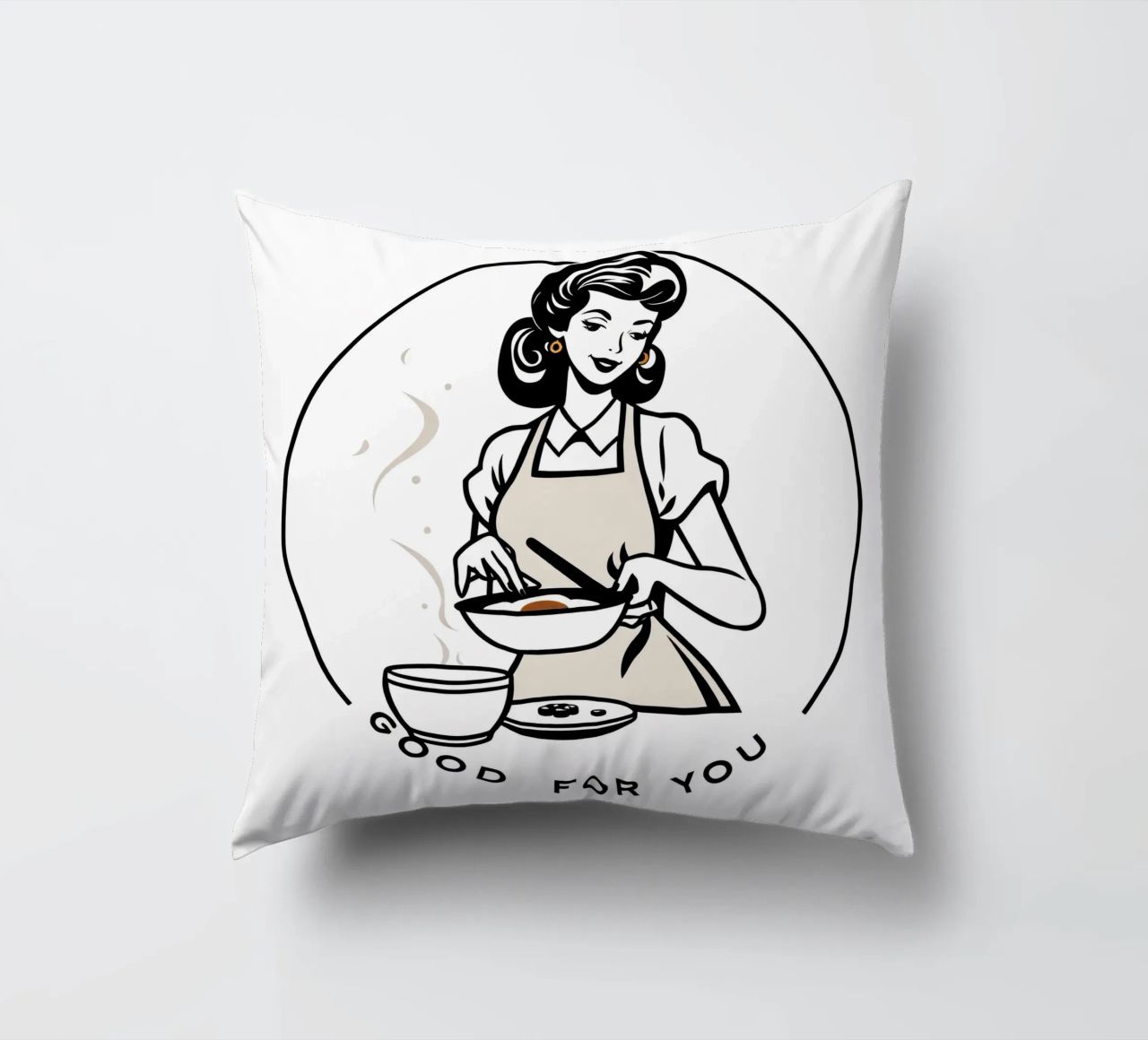 A woman in an apron prepares a meal while smiling decorative cushion by DesignDoodle