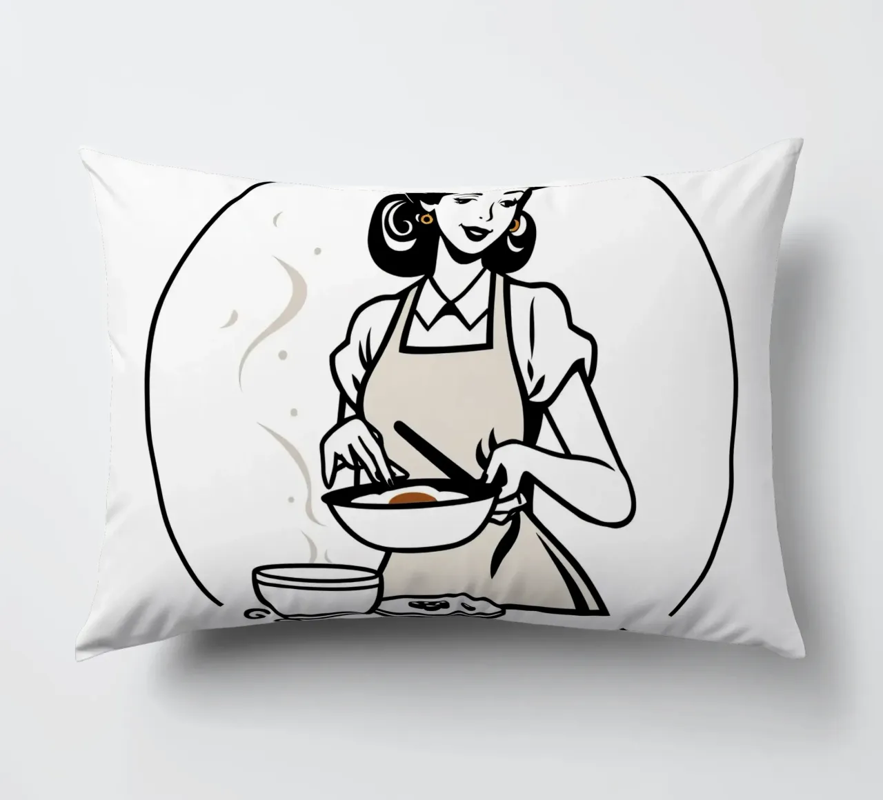 Una donna con un grembiule prepara un pasto sorridendo cuscino da DesignDoodle