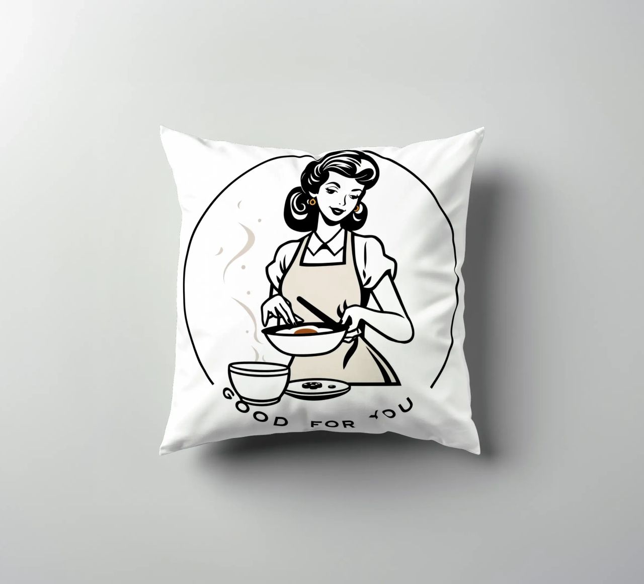 A woman in an apron prepares a meal while smiling decorative cushion by DesignDoodle